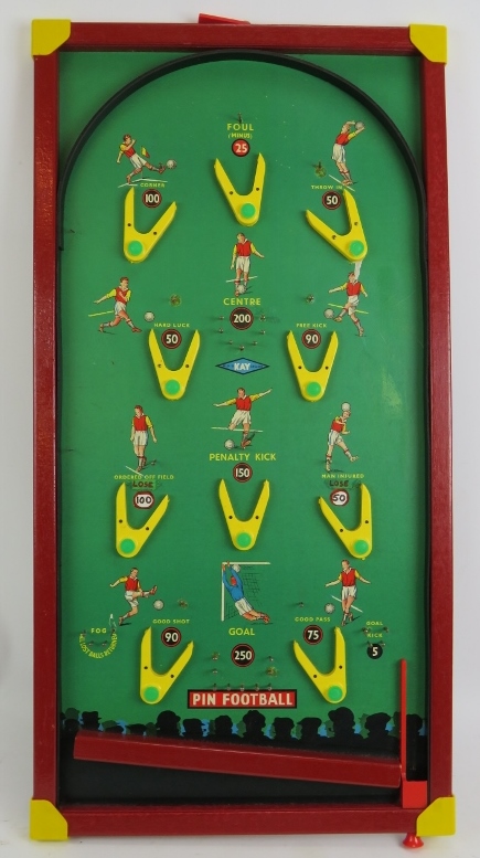 A vintage 1960's Kay Pin Football table top Bagatelle game board, 76cm x 40cm. Condition report: