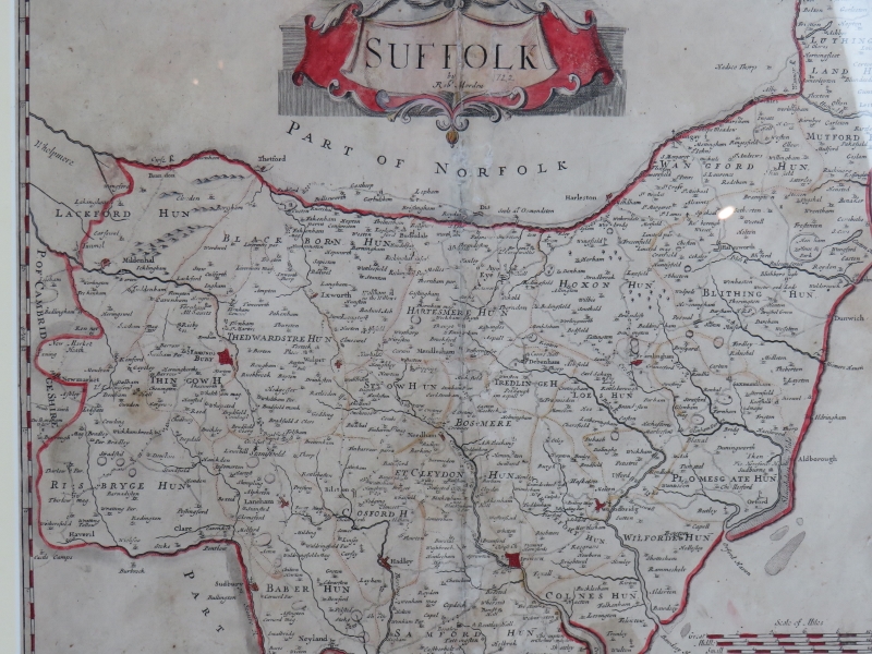 A 17th century hand tinted map of Suffolk by Robert Morden, c1722, framed and glazed. Overall size - Image 2 of 7