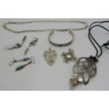 A collection of silver jewellery comprising of 2 pairs of turquoise coloured stone & silver drop