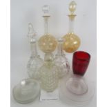 Glassware; to include a pair of enamel decorated decanters, one with original stopper and one with a