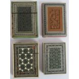 Three Indian inlaid card cases with micro mosaic and bone decoration and a similar carved wood