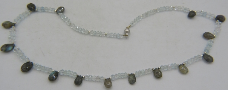 An aquamarine & labradorite briolette necklace with 925 stamped ball shaped clasp, approx 18"
