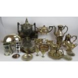 A mixed lot of mainly silver plated wares including a samovar, tea set, sauce boats, place mats,