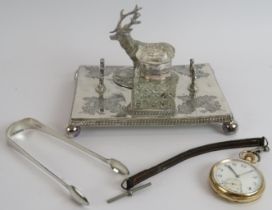 A late 19th century silver plated inkstand with stag mount, a gold plated pocket watch with