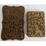 A finely carved antique Chinese wooden card case and a smaller carved card case, probably Indian.