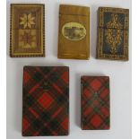 Five 19th century card cases including a Tunbridge Ware example, two Tartan Ware examples, a