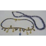 A gold vermeil on silver sapphire & citrine fringe necklace and an iolite with white metal spacers