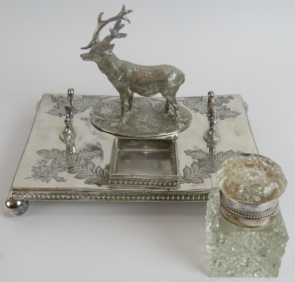 A late 19th century silver plated inkstand with stag mount, a gold plated pocket watch with - Image 5 of 8