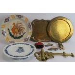 A lot of mixed collectables including 2 Eastern brass trays, a brass meat jack bracket, 2 shoe pin