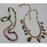 A gold vermeil on silver amethyst & citrine fringe necklace and a pink, green & blue tourmaline '