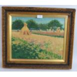 French School (early 20th century) - 'Haystacks', oil on canvas, 31cm x 39cm, framed. Condition