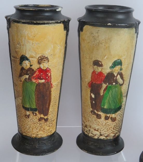 Four Bretby pottery vases each hand decorated over relief traditional Dutch scenes. Tallest 32. - Image 3 of 7