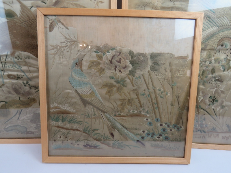 Three fine quality antique Chinese silk work panels (A/F). Professionally mounted on cotton backing, - Image 2 of 10