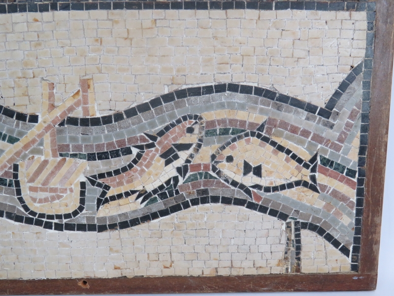 An oak framed Roman style mosaic depicting fish & a river. 54cm x 29cm. Condition report: Age - Image 3 of 4