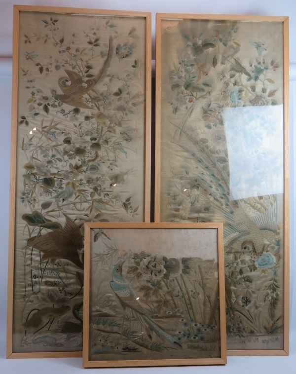 Three fine quality antique Chinese silk work panels (A/F). Professionally mounted on cotton backing,