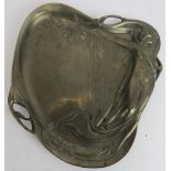 A cast pewter Art Nouveau style dish with girl and harp design. 23cm x 22cm. Condition report: No