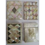 Four 19th century mother of pearl card cases, one with carved decoration, one with white metal