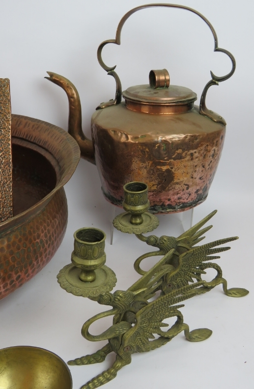 Mixed copper and brassware including a large planished bowl, a heavy antique kettle, two mugs, - Image 4 of 4