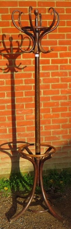 A vintage bentwood hall stand with six hat and coat hooks and umbrella rack below, on splayed - Image 2 of 3