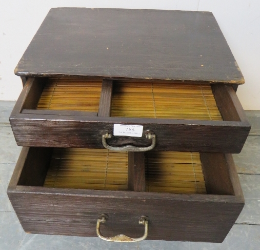 A vintage Japanese miniature ebonised tansu chest, of two bamboo-lined drawers with steel drop - Image 3 of 3