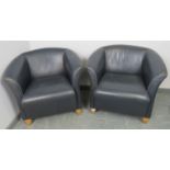 A pair of contemporary tub chairs by Grassoler, upholstered in petrol blue leather, on tapering