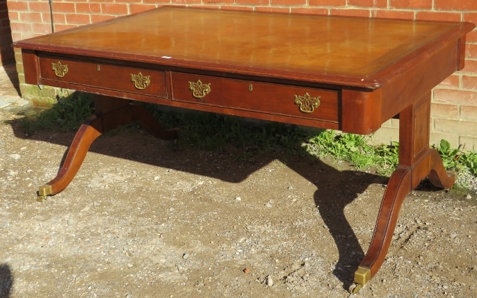 A large 19th century mahogany partners desk, with inset gilt tooled tan leather writing surface, - Image 3 of 4