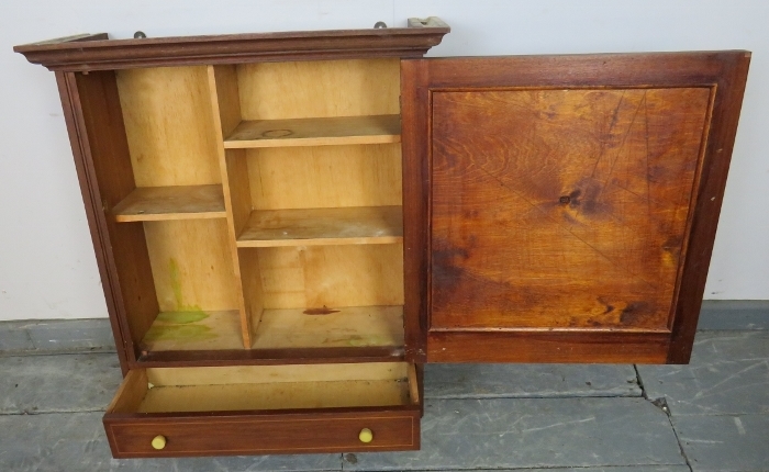 A vintage wall hanging cabinet, the panelled door featuring starburst parquetry inlay with one - Image 2 of 7