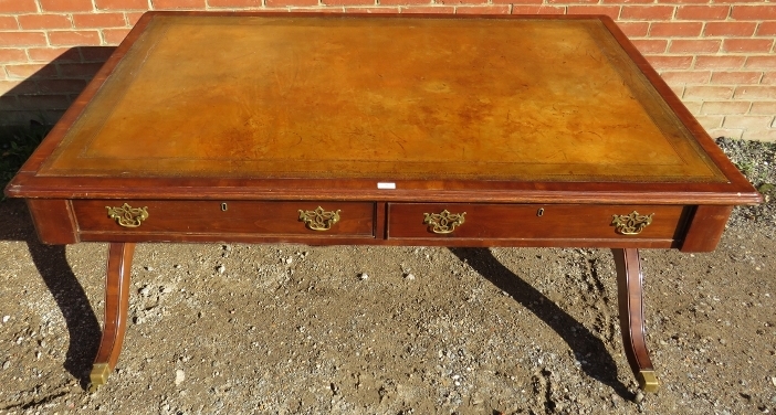 A large 19th century mahogany partners desk, with inset gilt tooled tan leather writing surface, - Image 4 of 4