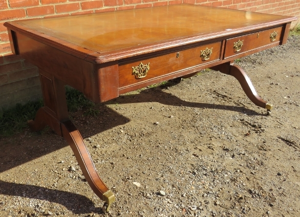 A large 19th century mahogany partners desk, with inset gilt tooled tan leather writing surface, - Image 2 of 4