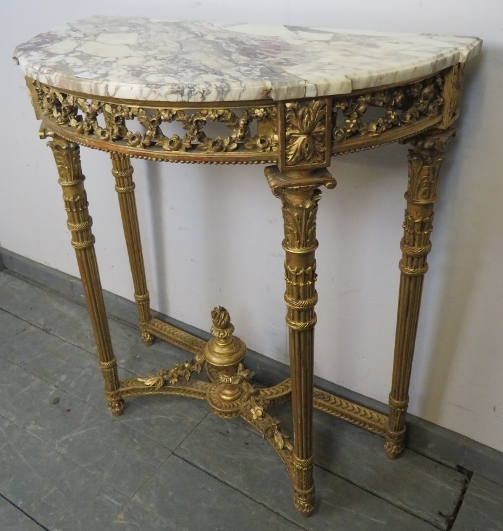 A 19th century Louis XV Revival giltwood marble topped demi-lune console table, with carved and - Image 2 of 9