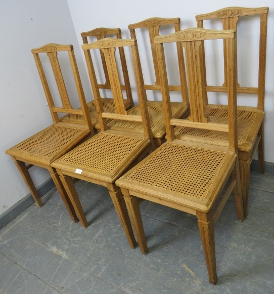 A set of six turn of the century light oak Swiss provincial dining chairs, with reeded and carved - Image 2 of 3