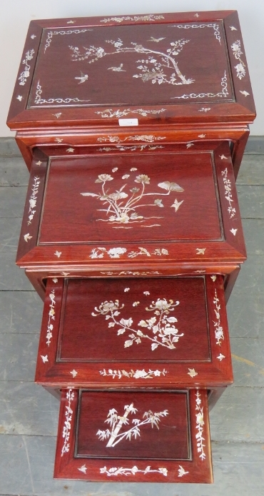 A vintage Chinese hardwood quartetto of nesting tables, featuring mother of pearl inlay depicting - Image 5 of 5