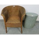 A vintage Lloyd Loom tub chair painted bronze, together with a vintage Lloyd Loom laundry basket