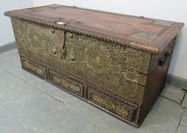 A 19th century hardwood Zanzibar chest, featuring pierced brass decoration and a multitude of - Image 2 of 4