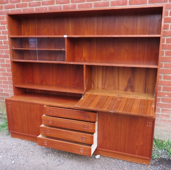 A mid-century Danish teak wall unit by Sejling Skabe, the top section with fall front bureau and - Image 3 of 4