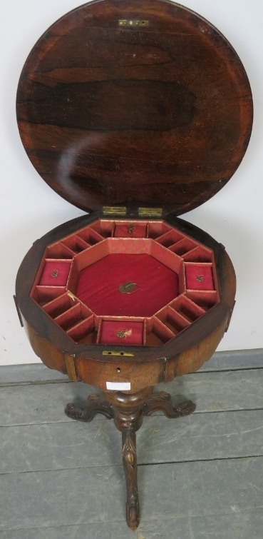 A Victorian rosewood trumpet/work table, the circular lid opening onto an array of lidded - Image 3 of 3