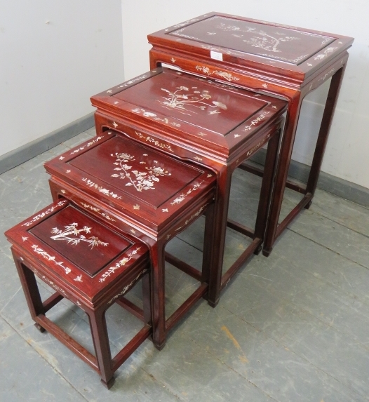 A vintage Chinese hardwood quartetto of nesting tables, featuring mother of pearl inlay depicting - Image 4 of 5