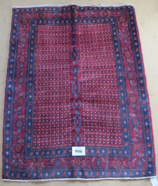 North West Persian Senneh rug, central repeat pattern divided by blue motif on burgundy ground, very - Image 2 of 4