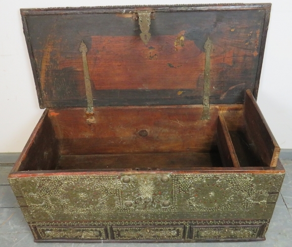 A 19th century hardwood Zanzibar chest, featuring pierced brass decoration and a multitude of - Image 3 of 4
