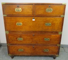 A good 19th century walnut brass bound campaign chest of two short over three long drawers with