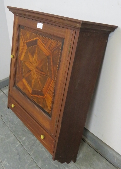 A vintage wall hanging cabinet, the panelled door featuring starburst parquetry inlay with one - Image 3 of 7