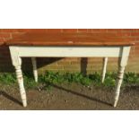 A vintage pine pantry/kitchen table, on baluster turned supports painted distressed white. Condition