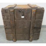 A vintage oak luggage chest with internal candle box, cast iron fittings and rope handles to