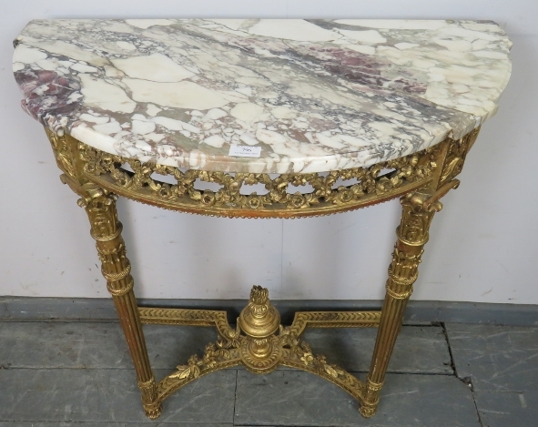 A 19th century Louis XV Revival giltwood marble topped demi-lune console table, with carved and - Image 3 of 9