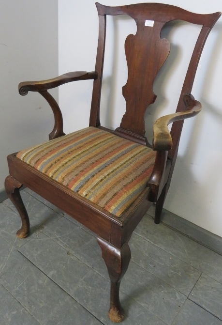 A Georgian mahogany open-sided carver chair, with shaped back splat and scrolled arms, the seat - Image 2 of 3