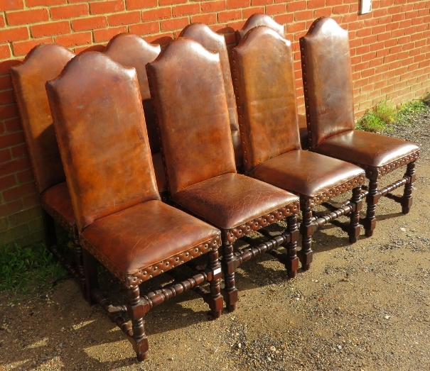 Eight antique style high back dining chairs, upholstered in distressed brown leather with large - Image 2 of 4
