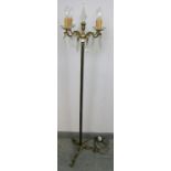 A vintage floorstanding gilt brass four branch candelabra lamp, featuring cut glass finial and