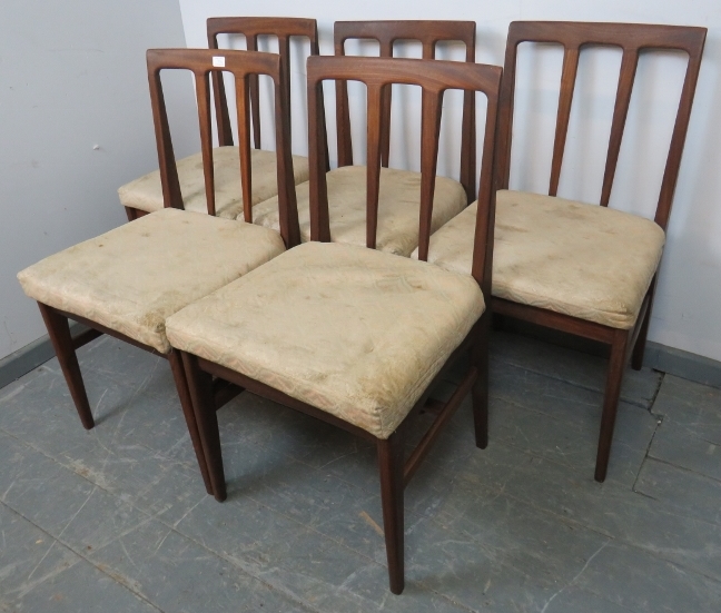 Five mid-century A Younger Volnay dining chairs in afromosia teak, with upholstered seat pads, on - Image 2 of 3