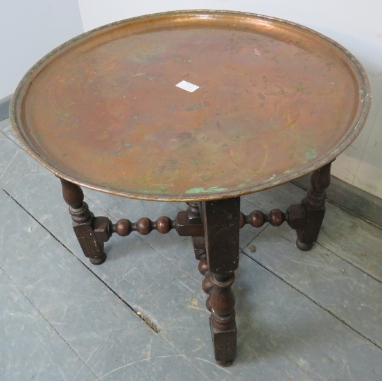 A 19th century Arts & Crafts copper tray table by Hugh Wallis, on a turned and block folding oak - Image 2 of 3