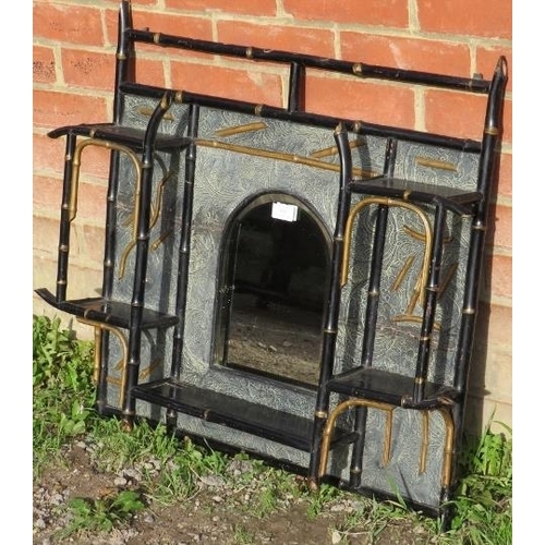 An aesthetic period ebonised bamboo wall hanging shelf, with central arched and bevelled mirror. - Image 2 of 3